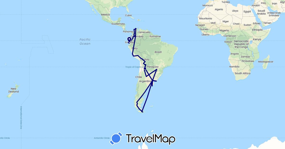 TravelMap itinerary: driving in Argentina, Bolivia, Chile, Colombia, Ecuador, Peru, Uruguay (South America)